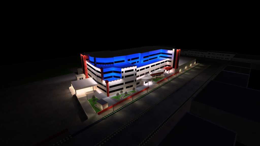 طراحی 3 بعدی نورپردازی نمای بیمارستان نور شهریار
