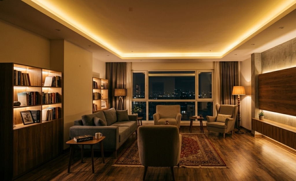 اجرای نورپردازی محیطی (Ambient Lighting) در دکوراسیون داخلی مدرن با نور مخفی سقف
