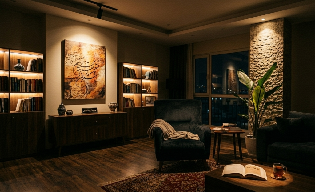 اجرای نورپردازی تاکیدی (Accent Lighting) متمرکز ریلی روی تابلوی هنری و قفسه‌های دکوری در نشیمن مدرن