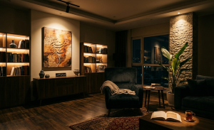 اجرای نورپردازی تاکیدی (Accent Lighting) متمرکز ریلی روی تابلوی هنری و قفسه‌های دکوری در نشیمن مدرن