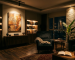 اجرای نورپردازی تاکیدی (Accent Lighting) متمرکز ریلی روی تابلوی هنری و قفسه‌های دکوری در نشیمن مدرن