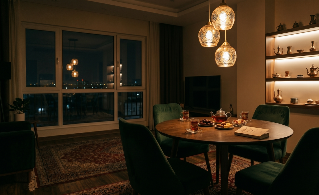 تفکیک زون غذاخوری با چراغ‌های آویز دکوراتیو به روش نور محلی (Local Lighting)