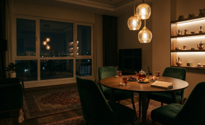 تفکیک زون غذاخوری با چراغ‌های آویز دکوراتیو به روش نور محلی (Local Lighting)